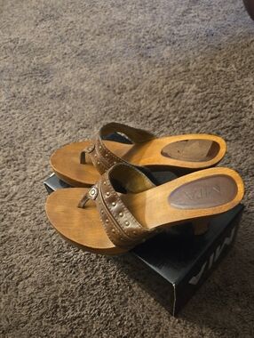 MIA Brown Studded Wooden Wedge Thong Mules